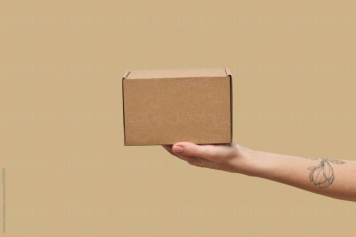Female hand keeping carton parcel box over beige background