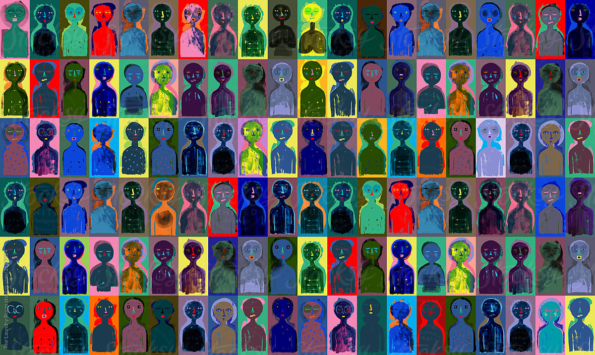 Large Colorful People Pattern With Grunge Texture