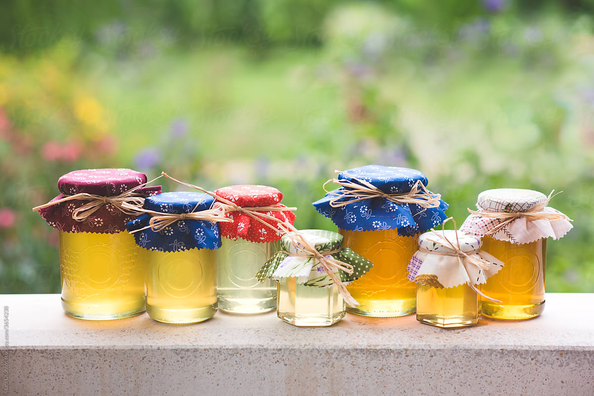 Collection of various types of fresh honey in cute jars