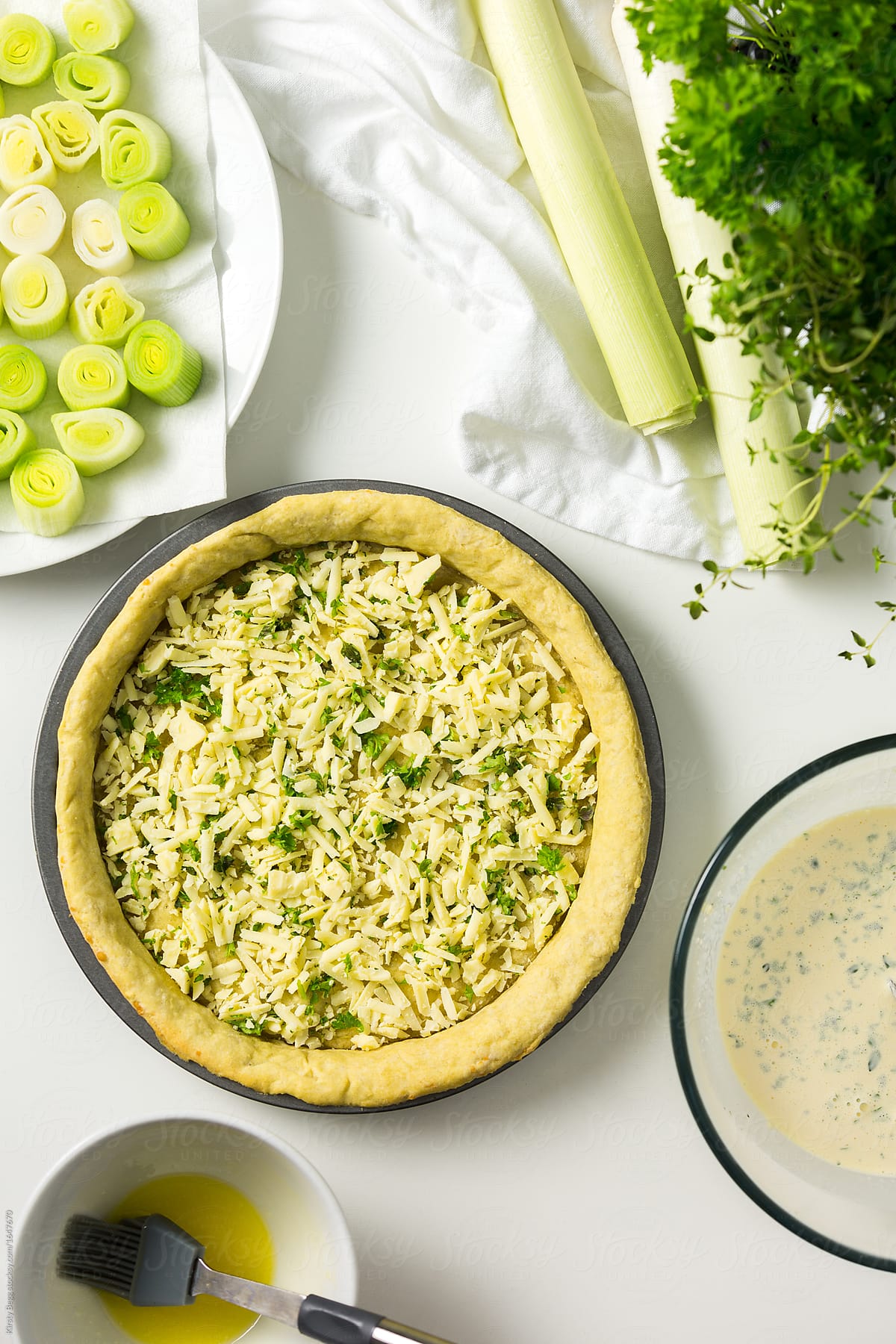 Cheese and herbs in a pastry tart case with leeks