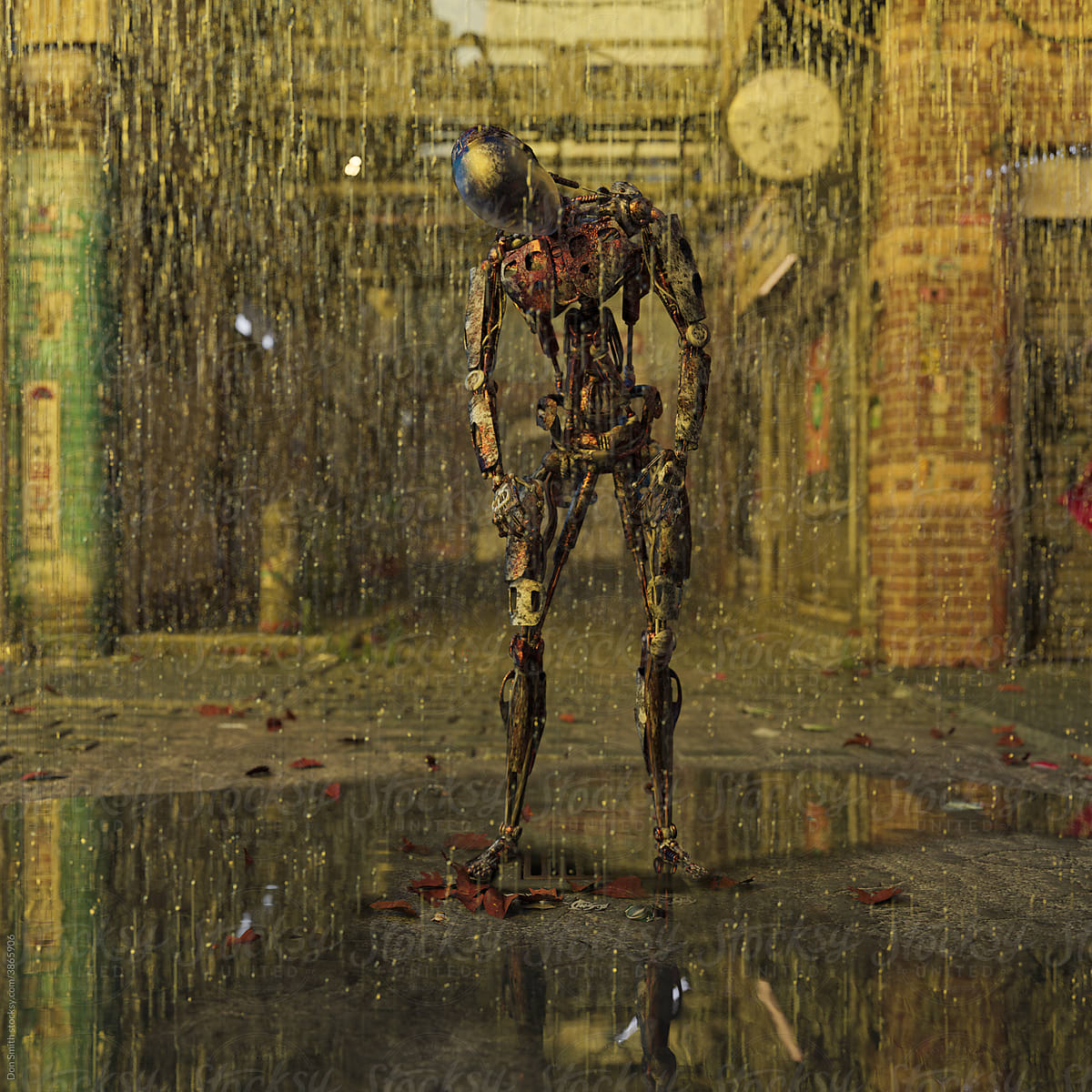 Broken rusty robot in the rain