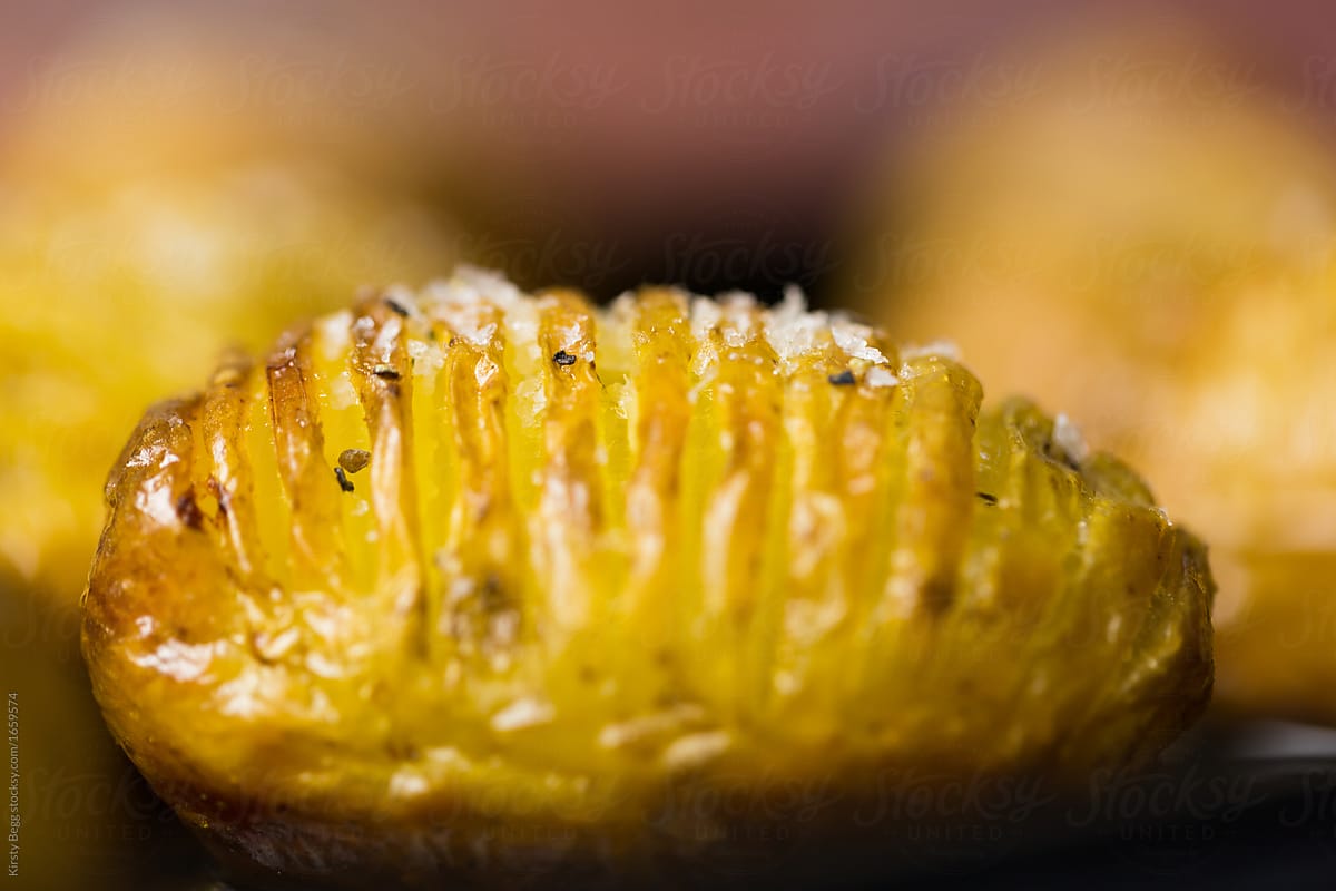 Close up of a Hasselback potato