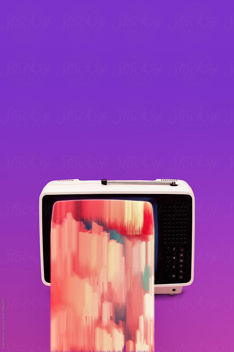 Vaporwave aesthetics. Old vintage TV bleeding pixels