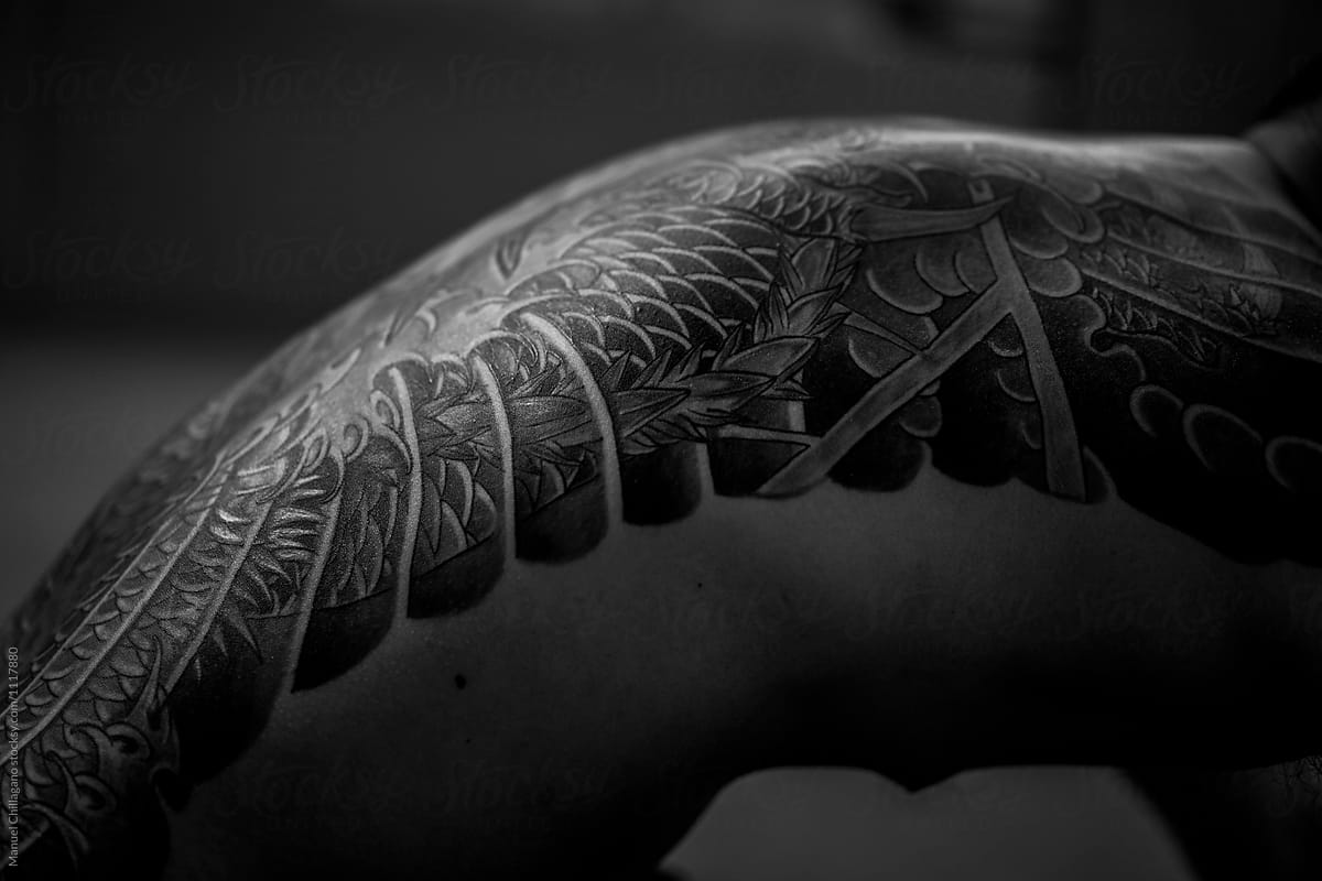Detail of a Japanese tattoo in Black and white