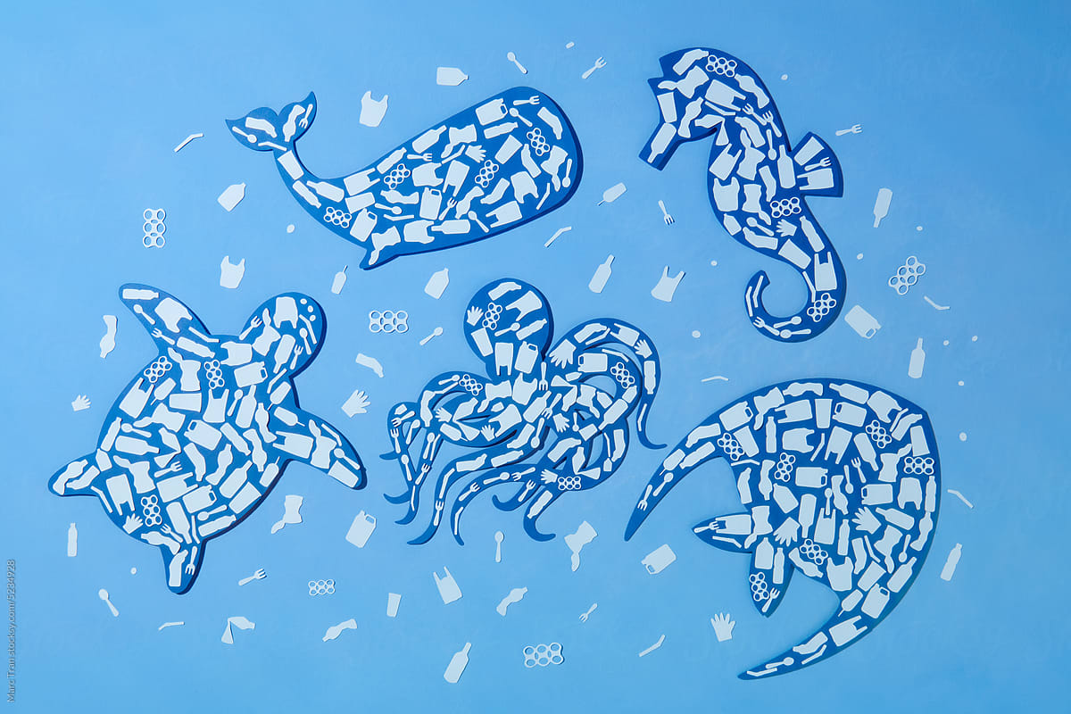 Ocean animals outline set filled with plastic waste