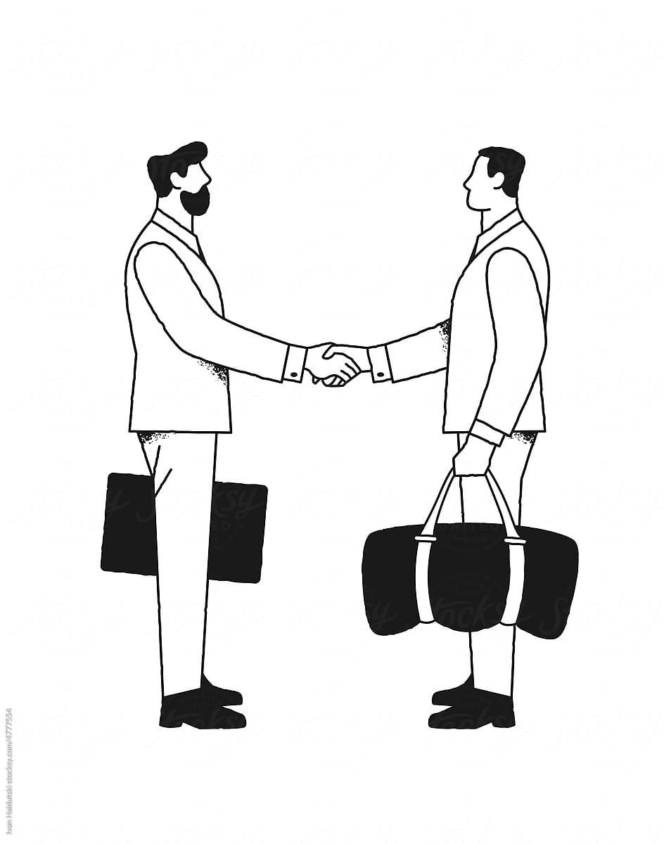 Illustration of two businessmen shaking hands at business trip
