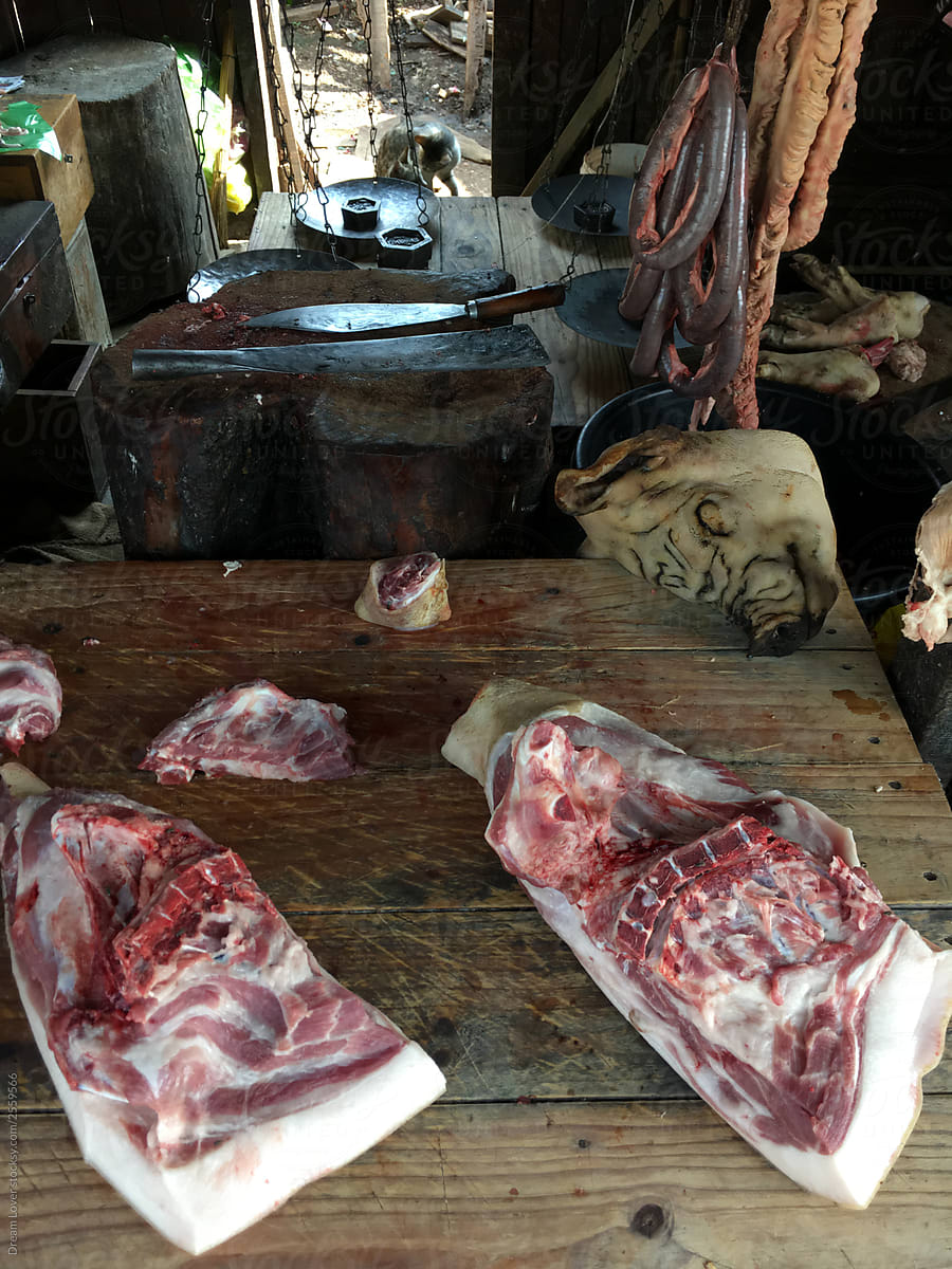 Meat of pork is stacked and ready to sell for customers