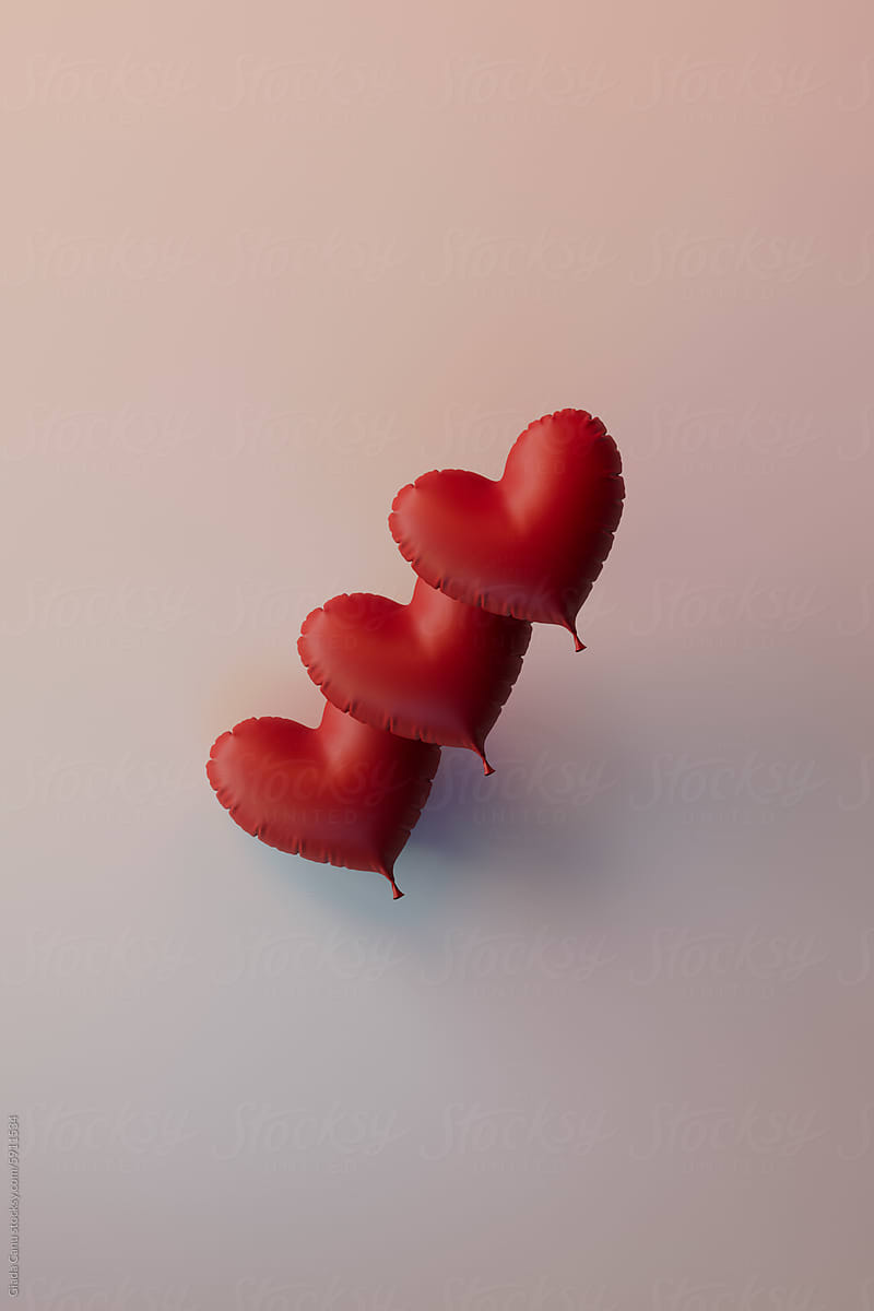 3D Render of Trio of Red Heart Balloons on Gradient Backdrop