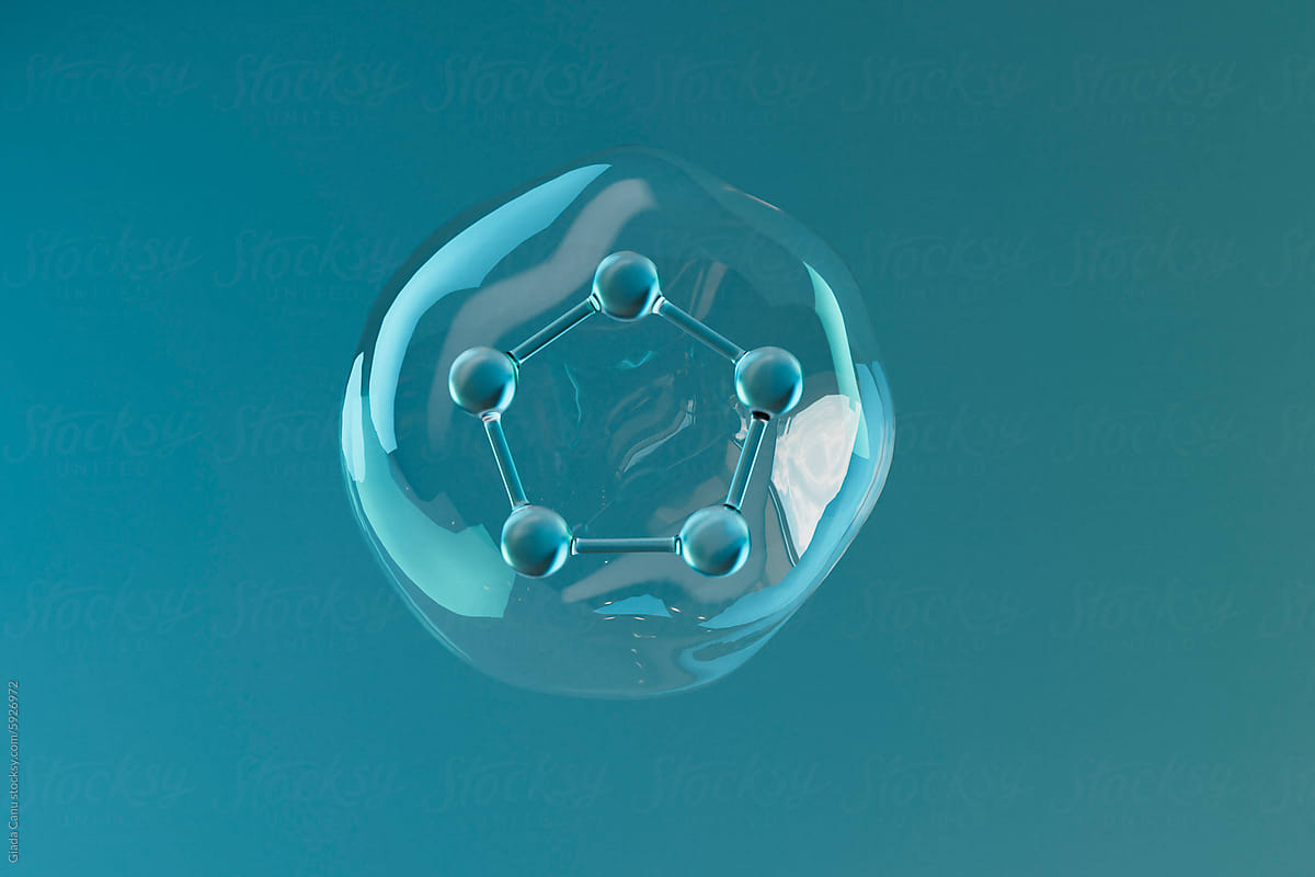 3D Render of Methane Molecule Encapsulated in Water Droplet