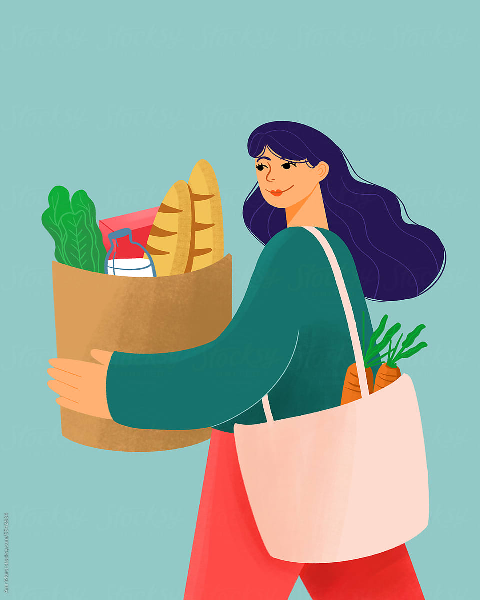 a woman carrying a shopping bag filled with various food items