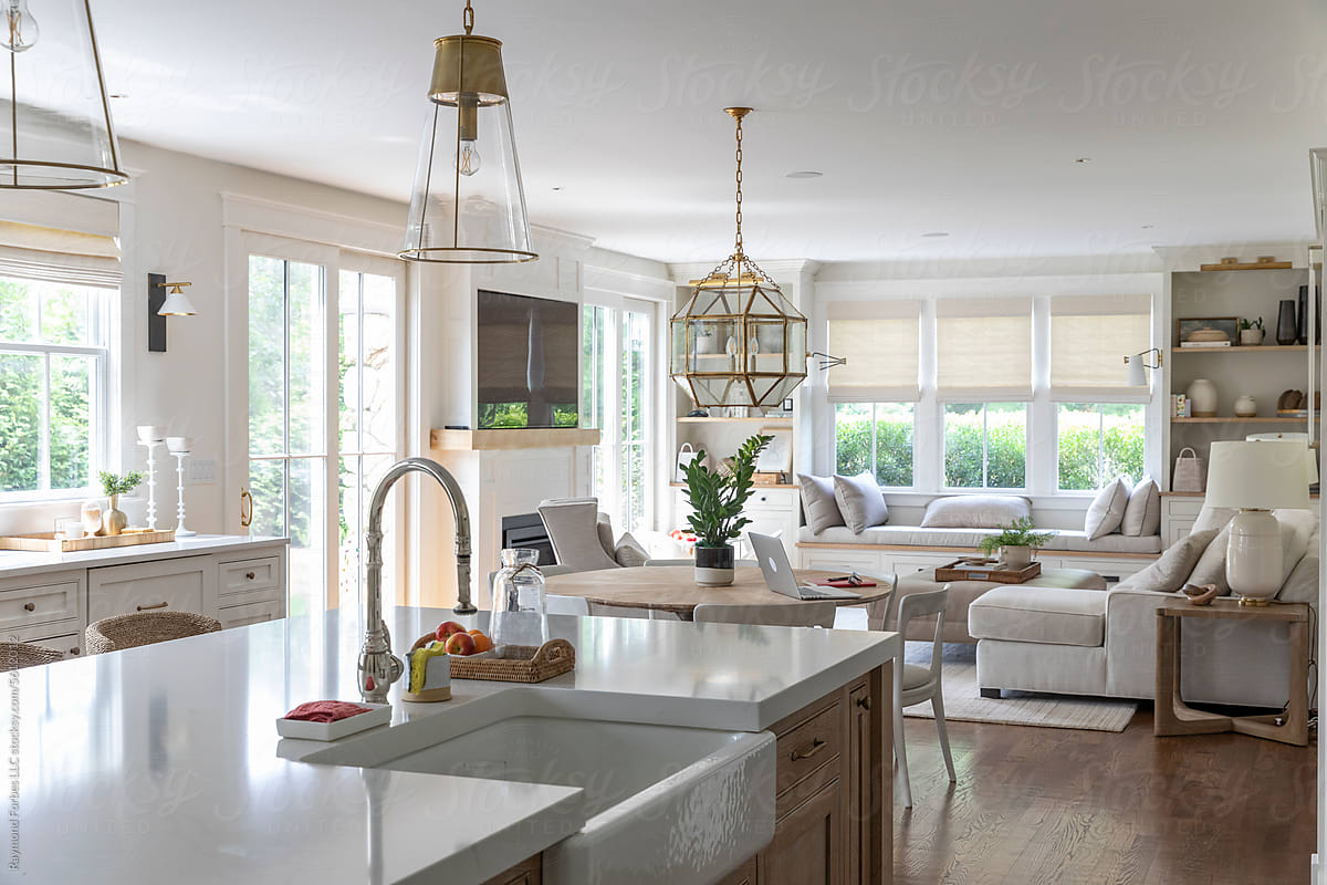White bright Home kitchen island with modern home decor