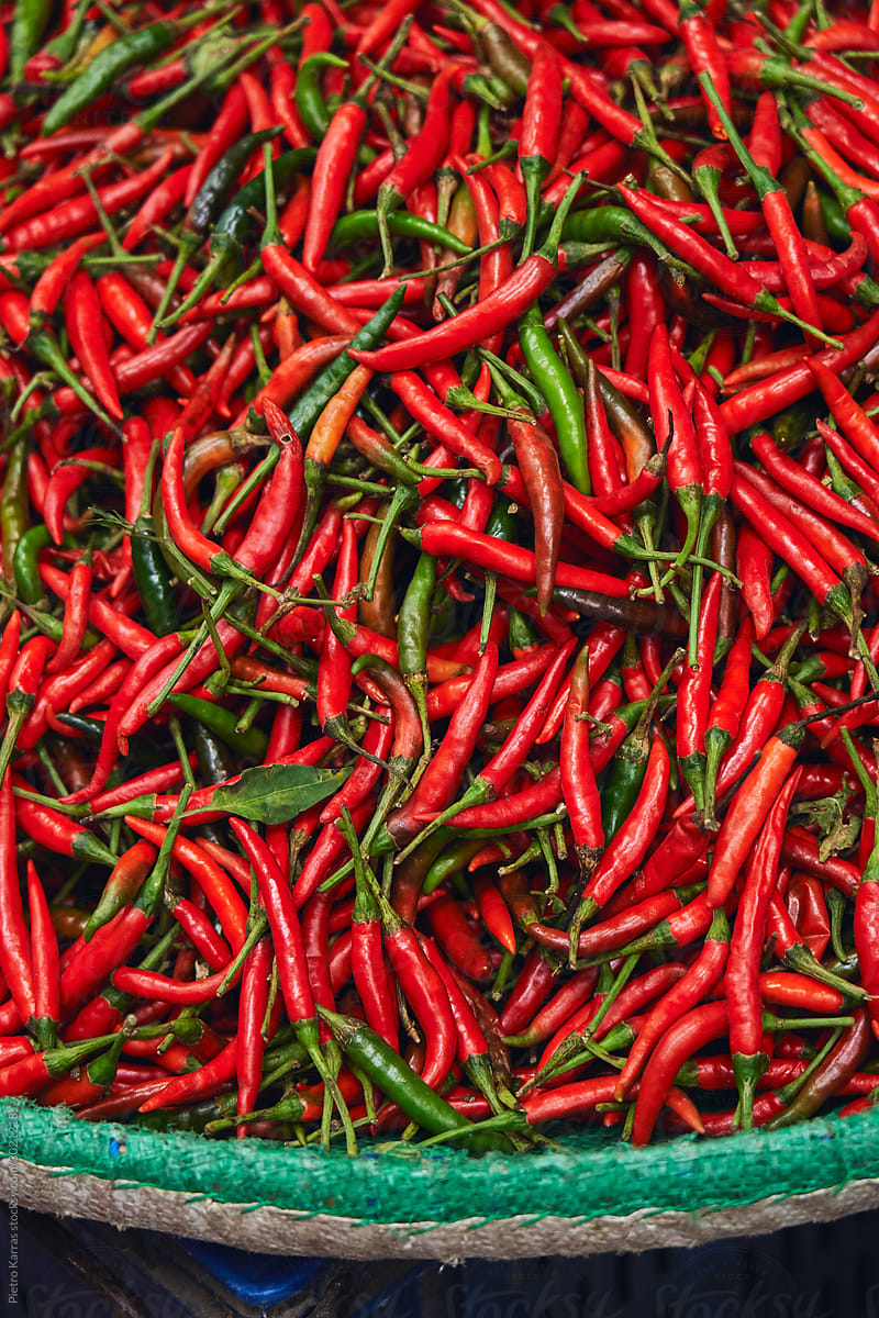 Fresh red chili peppers in market