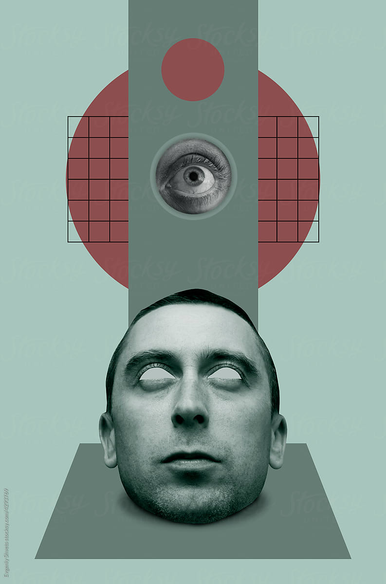 Digital collage with male head and eye