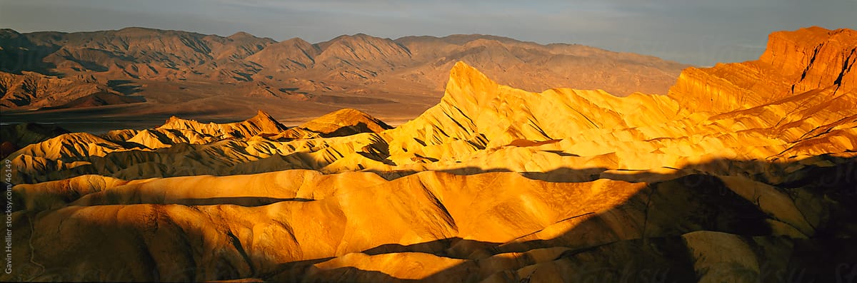 United States of America, California, Death Valley National Park, Zabriskie Point at sunrise, panoramic
