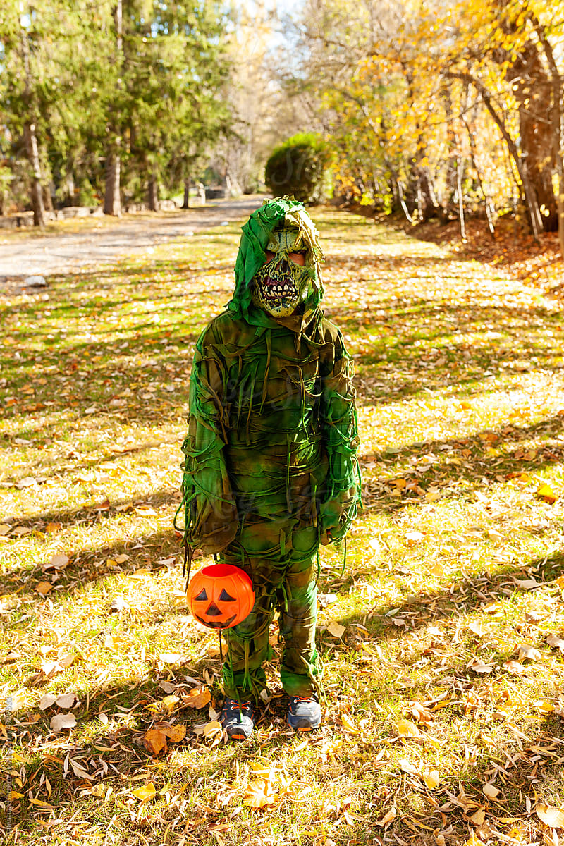 Boy with zombie costume on Halloween at park