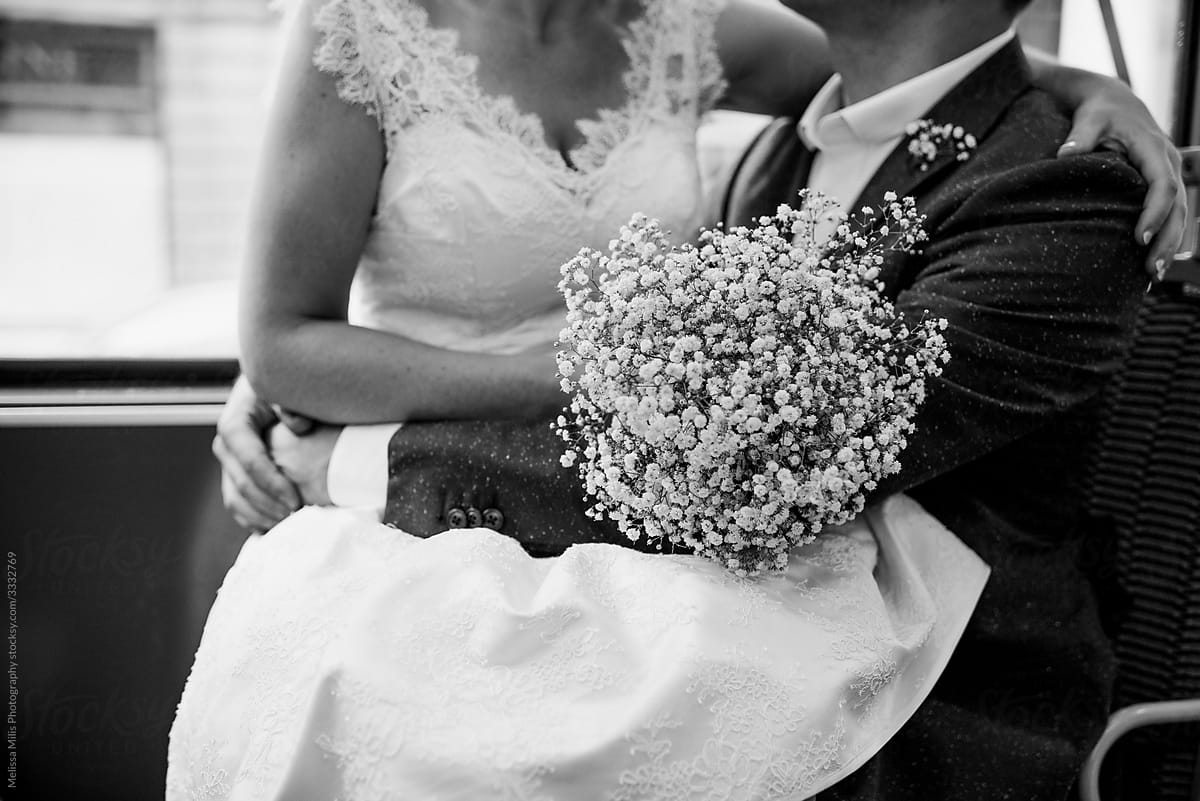 Monochrome image of bride and groom