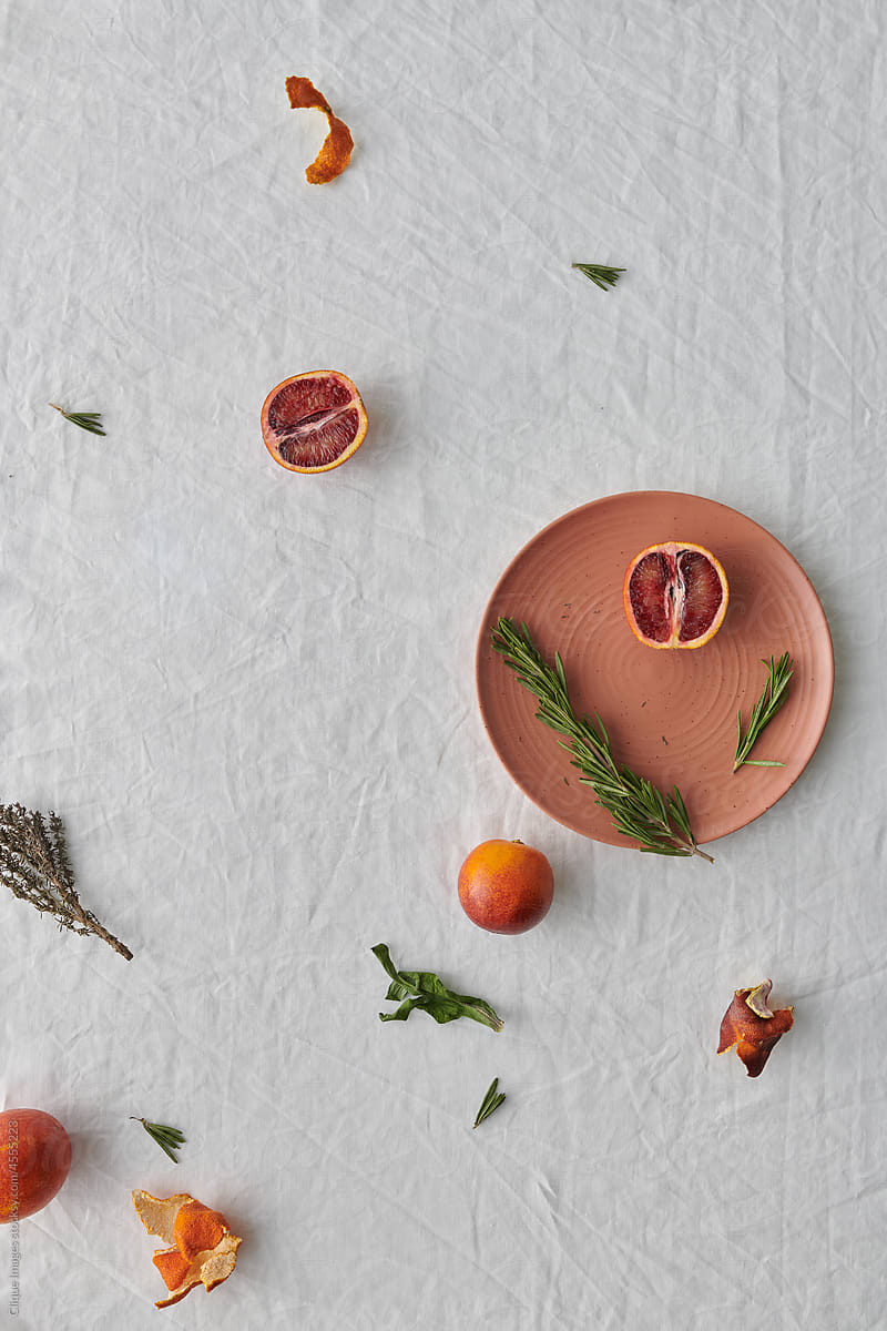 Blood Oranges And Greenery Flat Lay