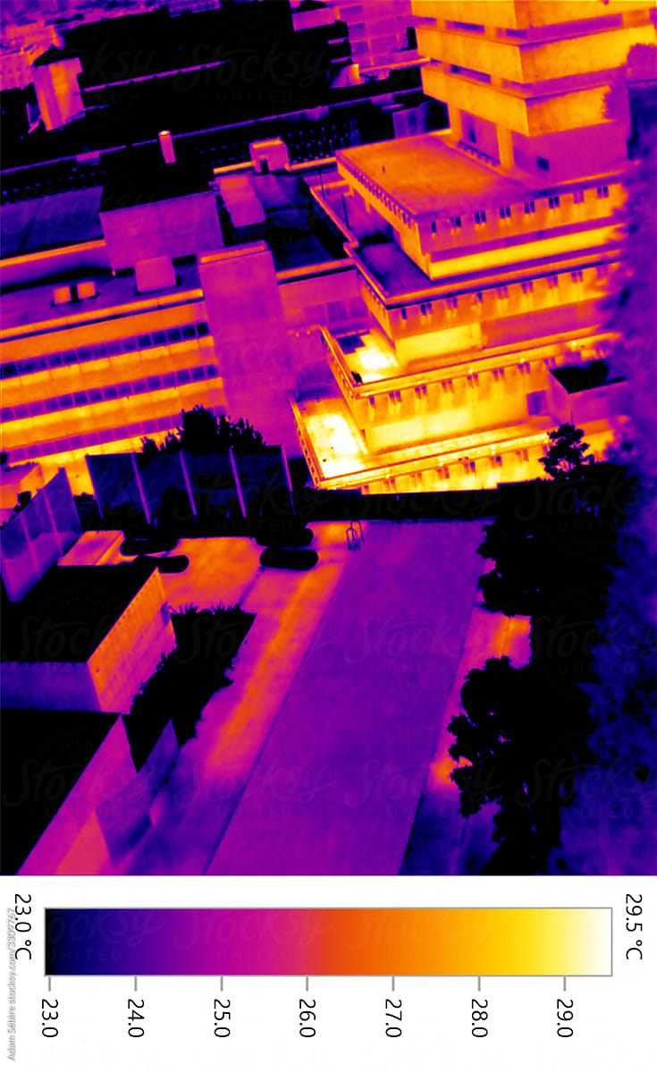 Urban building rooftop with pool, city environment heat map image