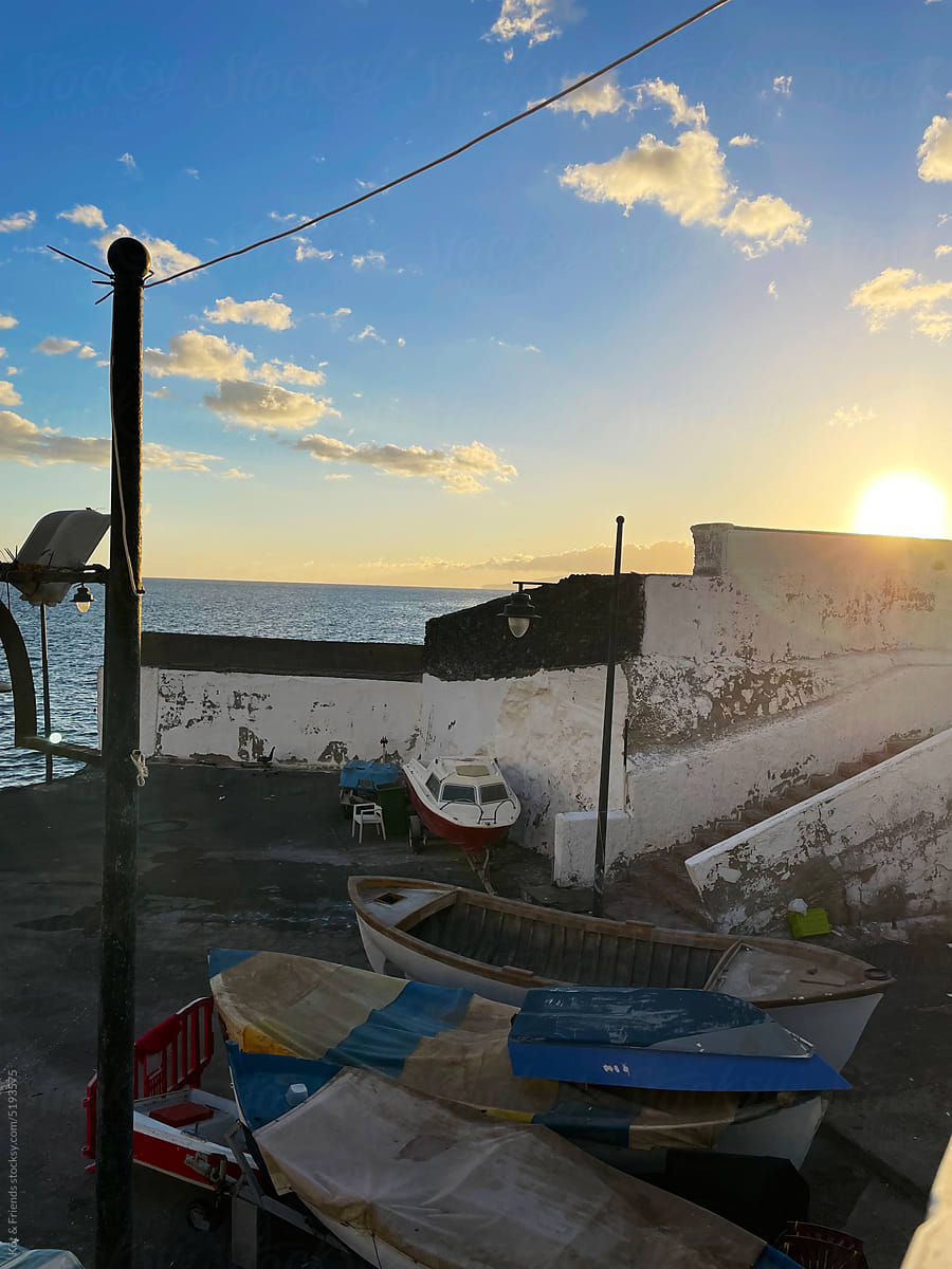 Authentic Tenerife Street With Boats At Sunset