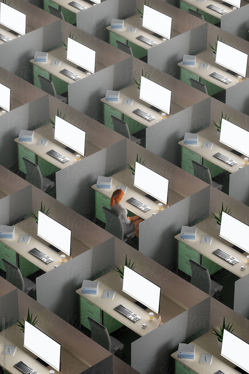 3D work concept - woman on desk looking at computer screen