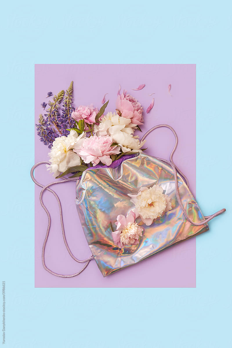 Peonies in multicolored holographic foil bag