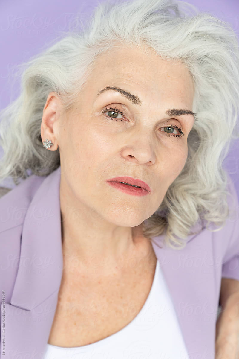 Close Up Portrait Of Woman With White Hair
