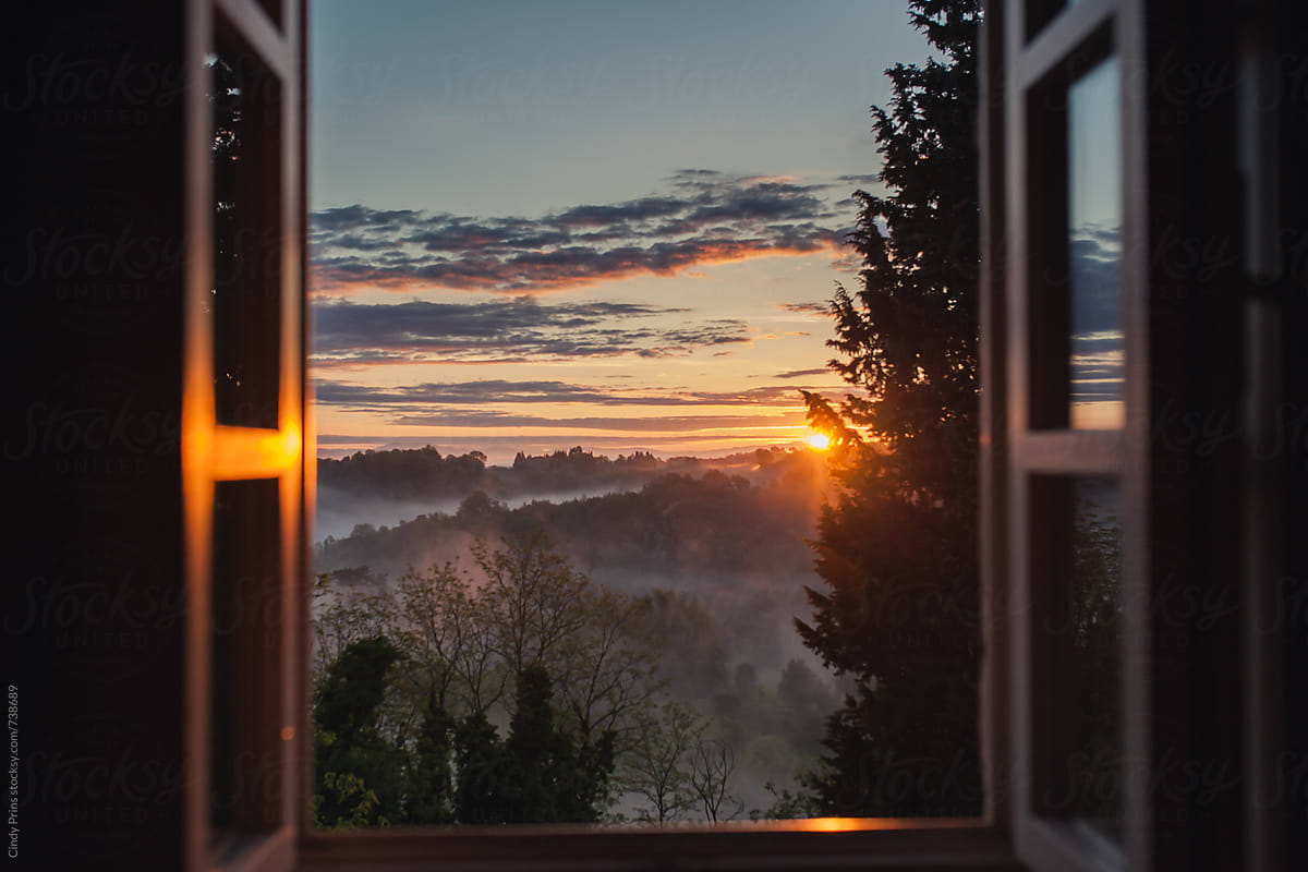 View from the window at sunrise in Tuscany