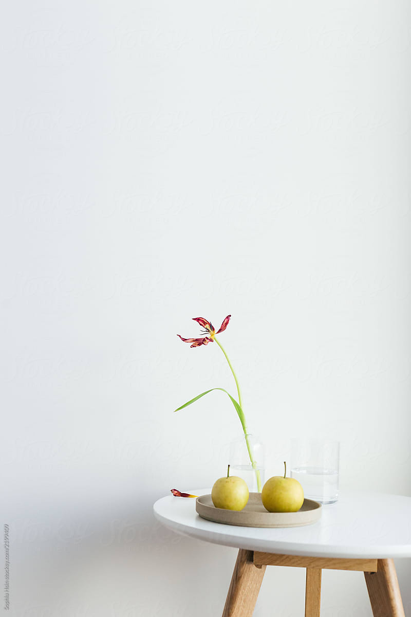 Still life with tulip, pears, glass and coffee table