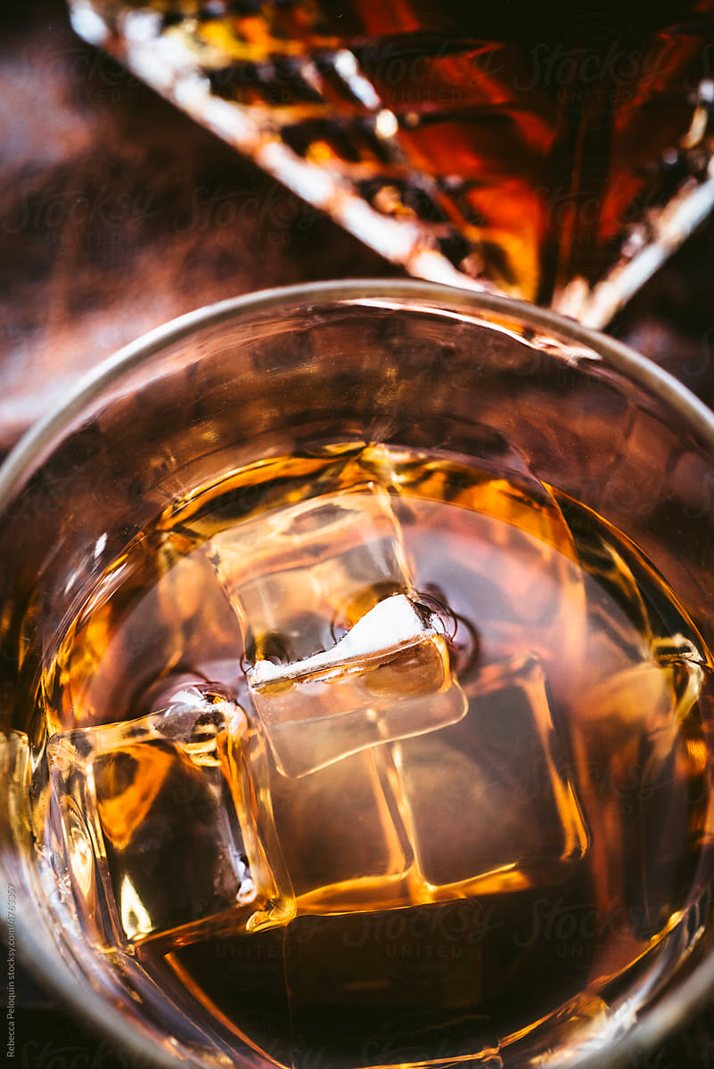 Closeup of whiskey on ice