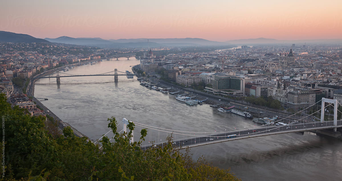 The Danube river with bridges in Budapest.