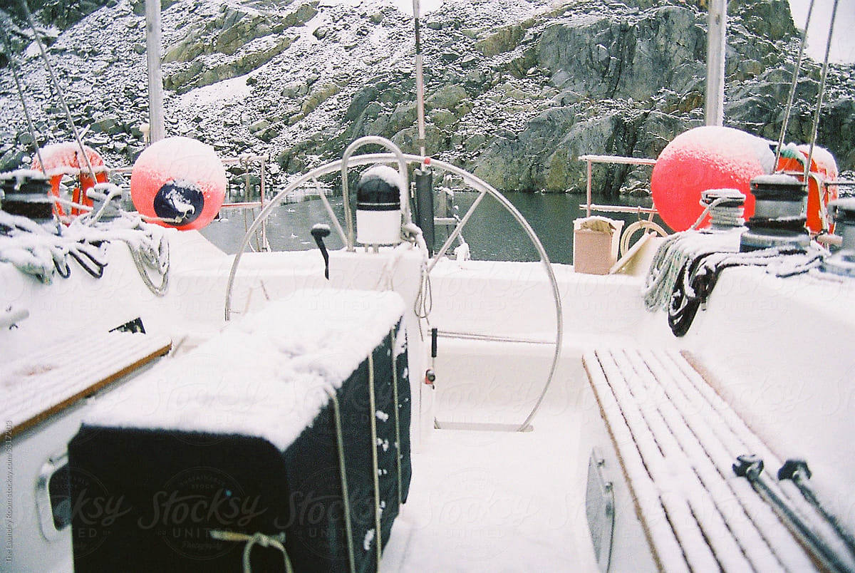 Snow covered deck of a sailing boat, Antarctic Peninsula