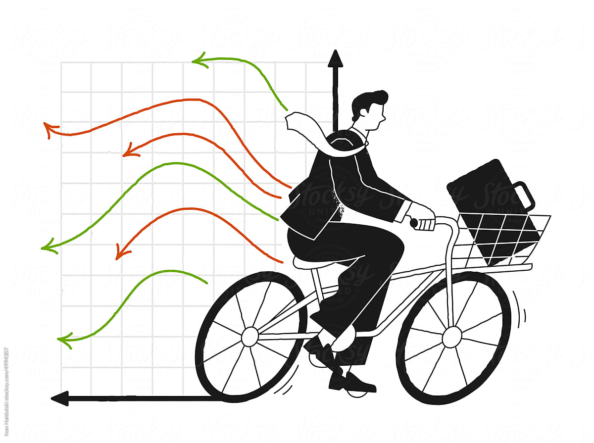 Businessman or financial trader riding bicycle against charts graphs