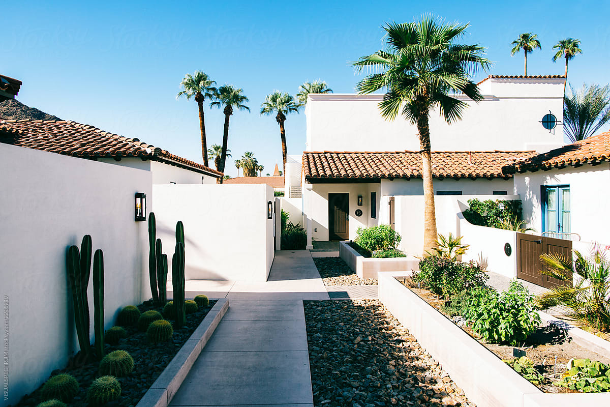 Luxurious White Villa in California Desert Evening Sun