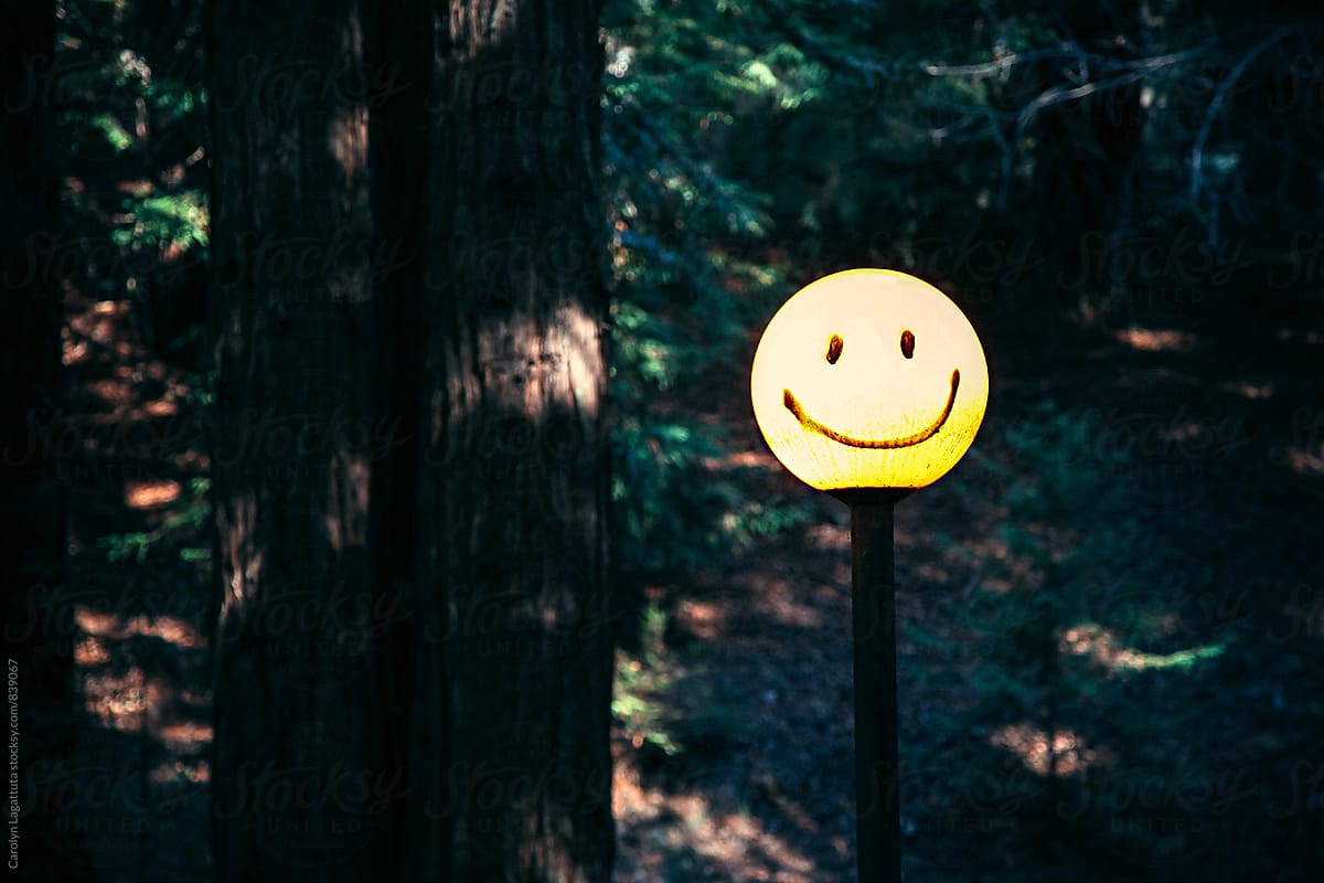 Smiley face painted on a yellow light in the forest