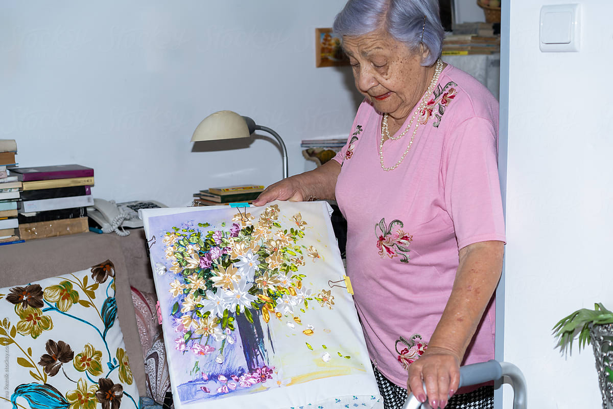 Gray-Haired Lady Holding Her Satin Ribbon Embroidered Flower Canvas.