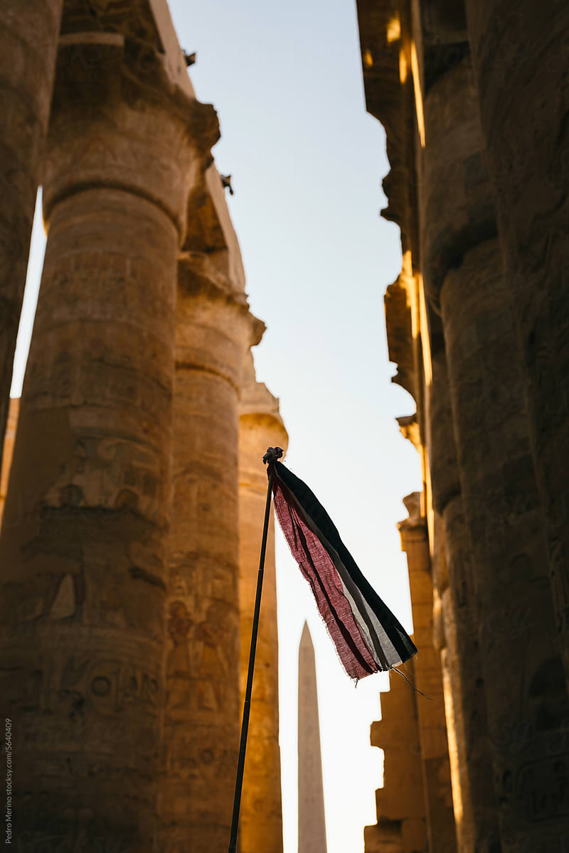 Tour guide holding an Egyptian flag during a visit to a temple.
