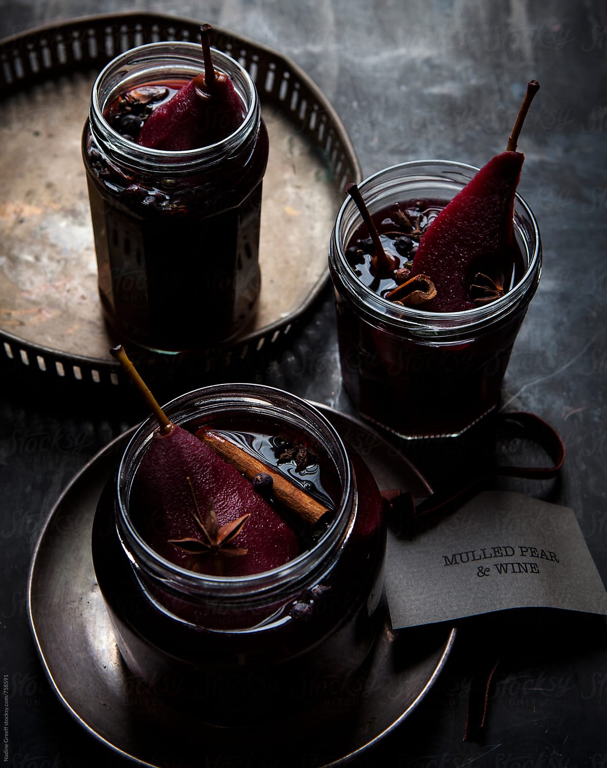Poached pears in mulled red wine