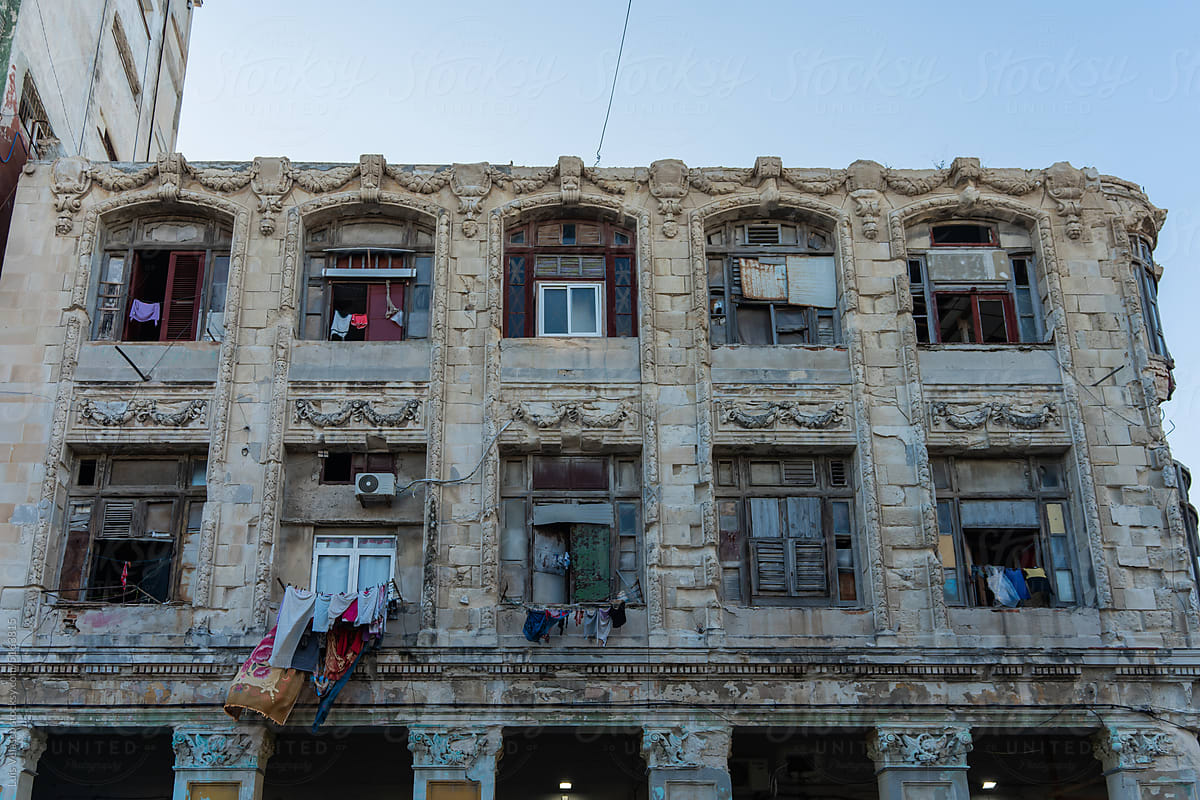 Facade With Balconies In La Havana, Cuba.