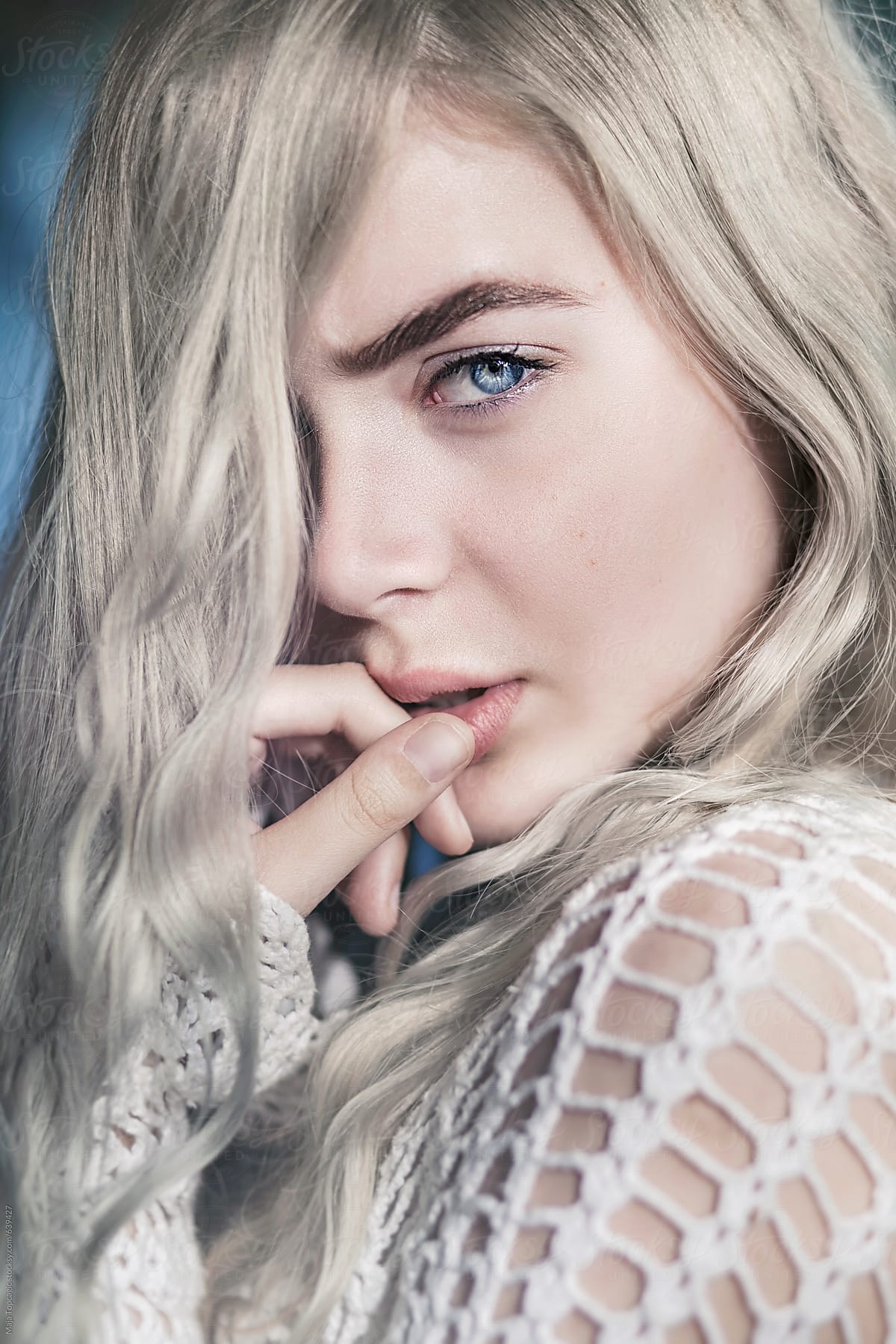 Young Beautiful Woman With Grey Hair And Blue Eyes
