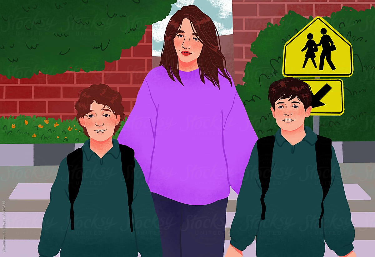 Family walking across pedestrian crossing to school, illustration