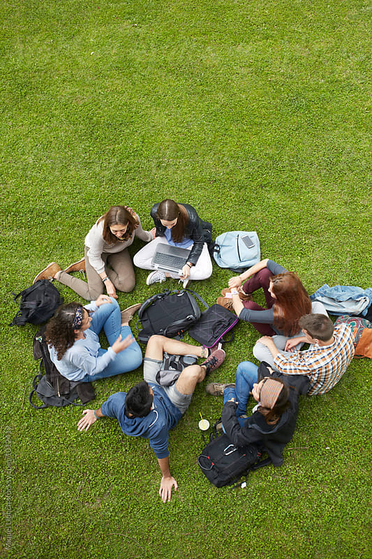 Group of students sitting on the grass from above