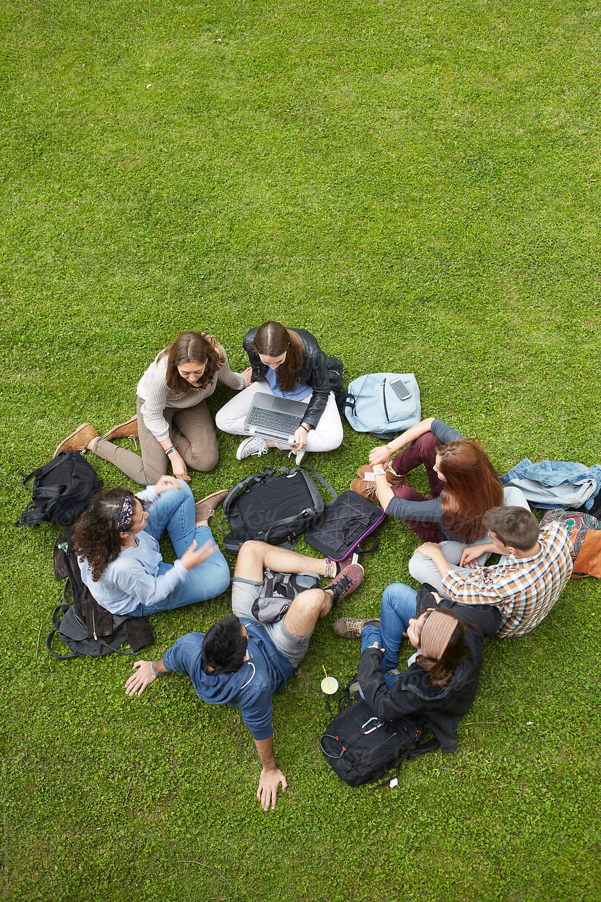 Group of students sitting on the grass from above