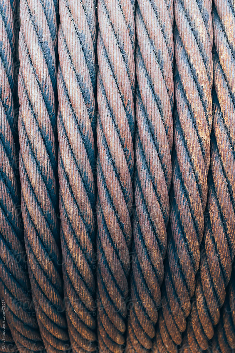 Close up rusty, metal cables used for commercial fishing