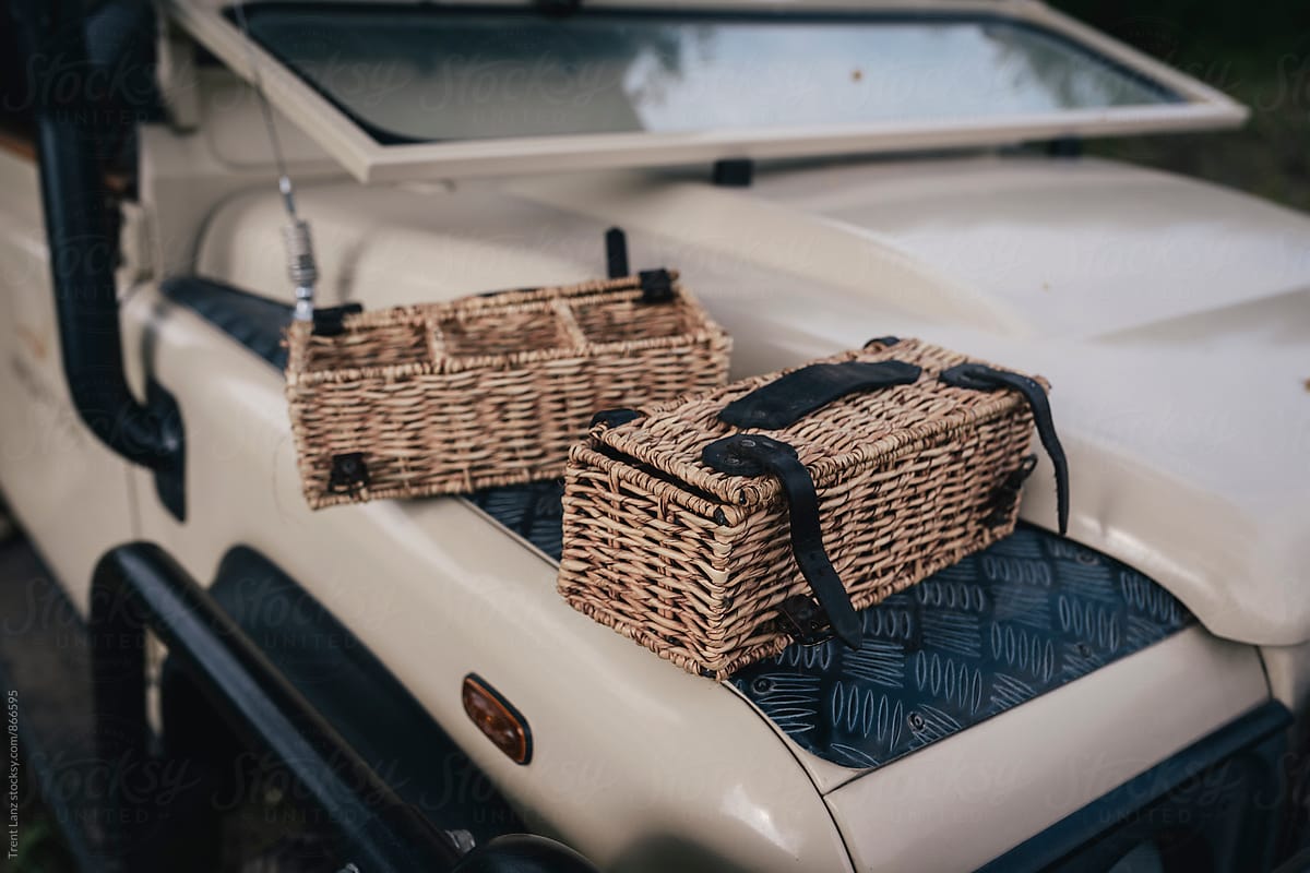 Two woven baskets on safari car for sundowner
