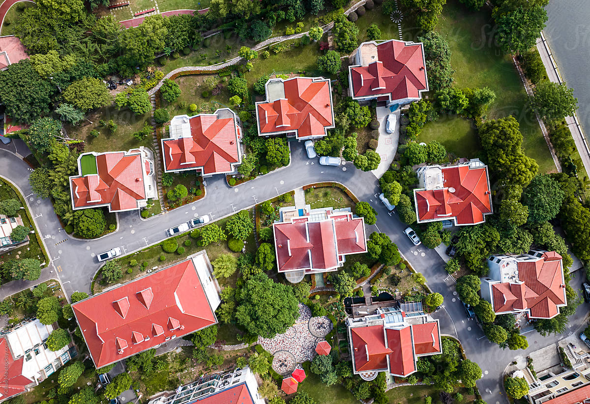 Aerial view of community roofs