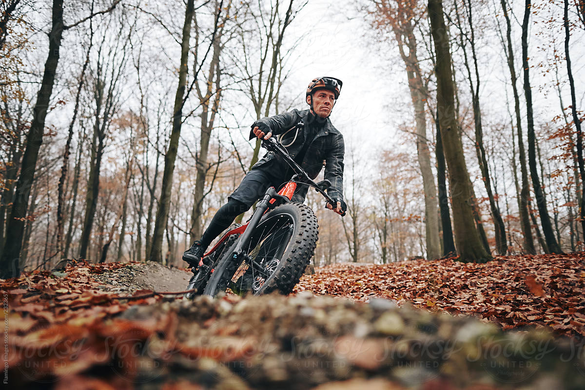 Lone man riding his mountain bike down a forest trail