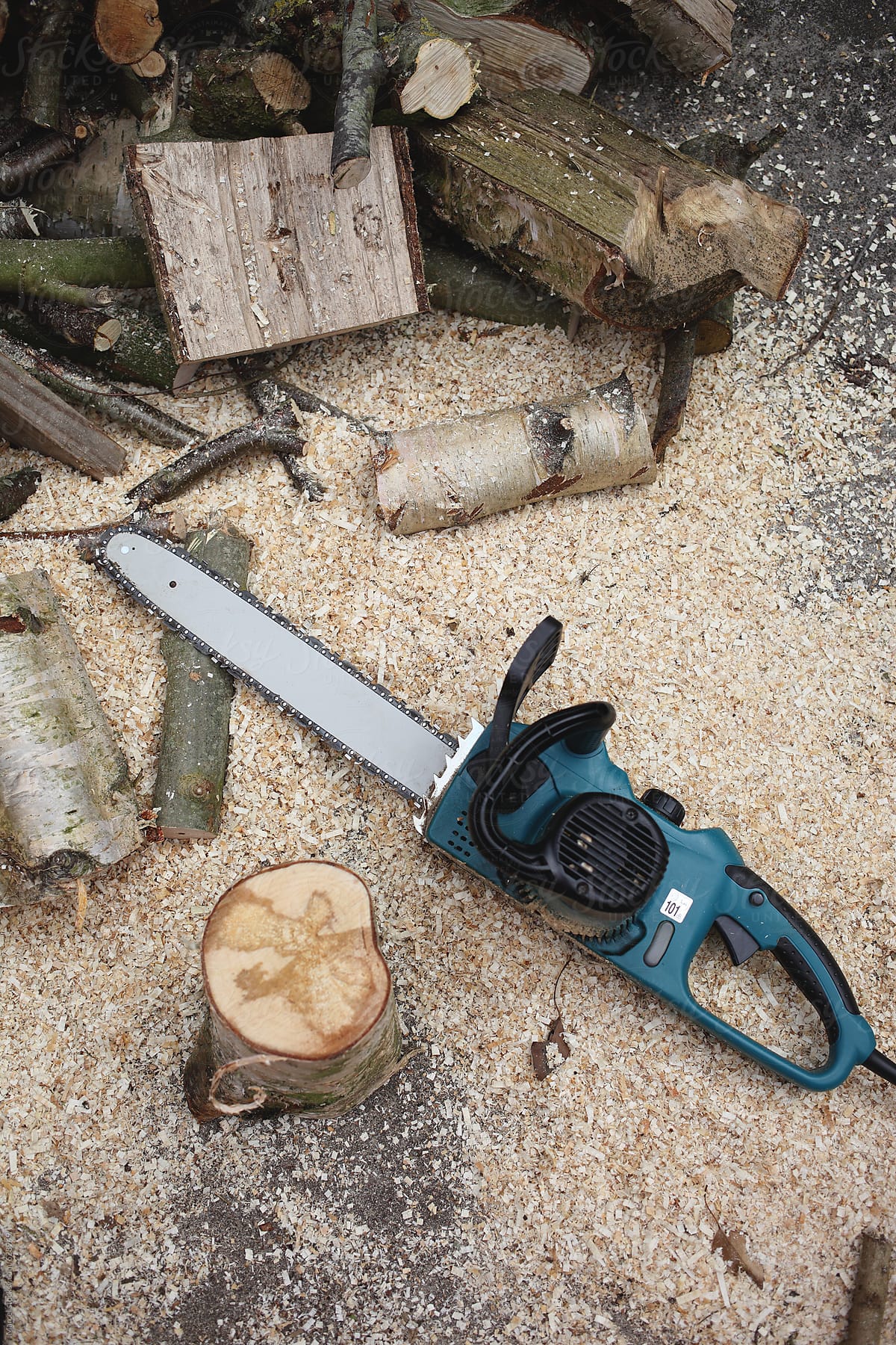 Chainsaw on sawdust