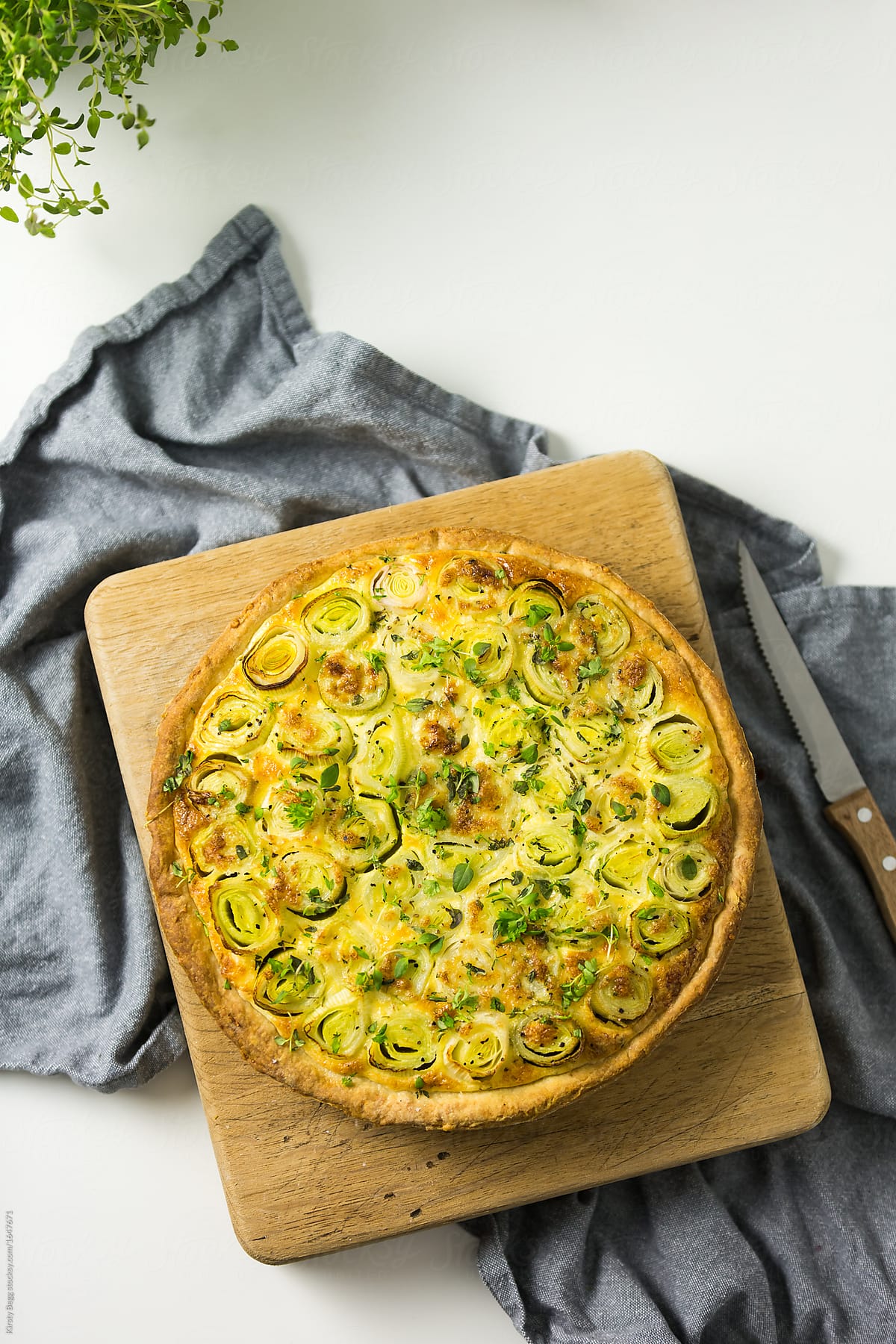Copy space above cheese and leek tart, recipe in description