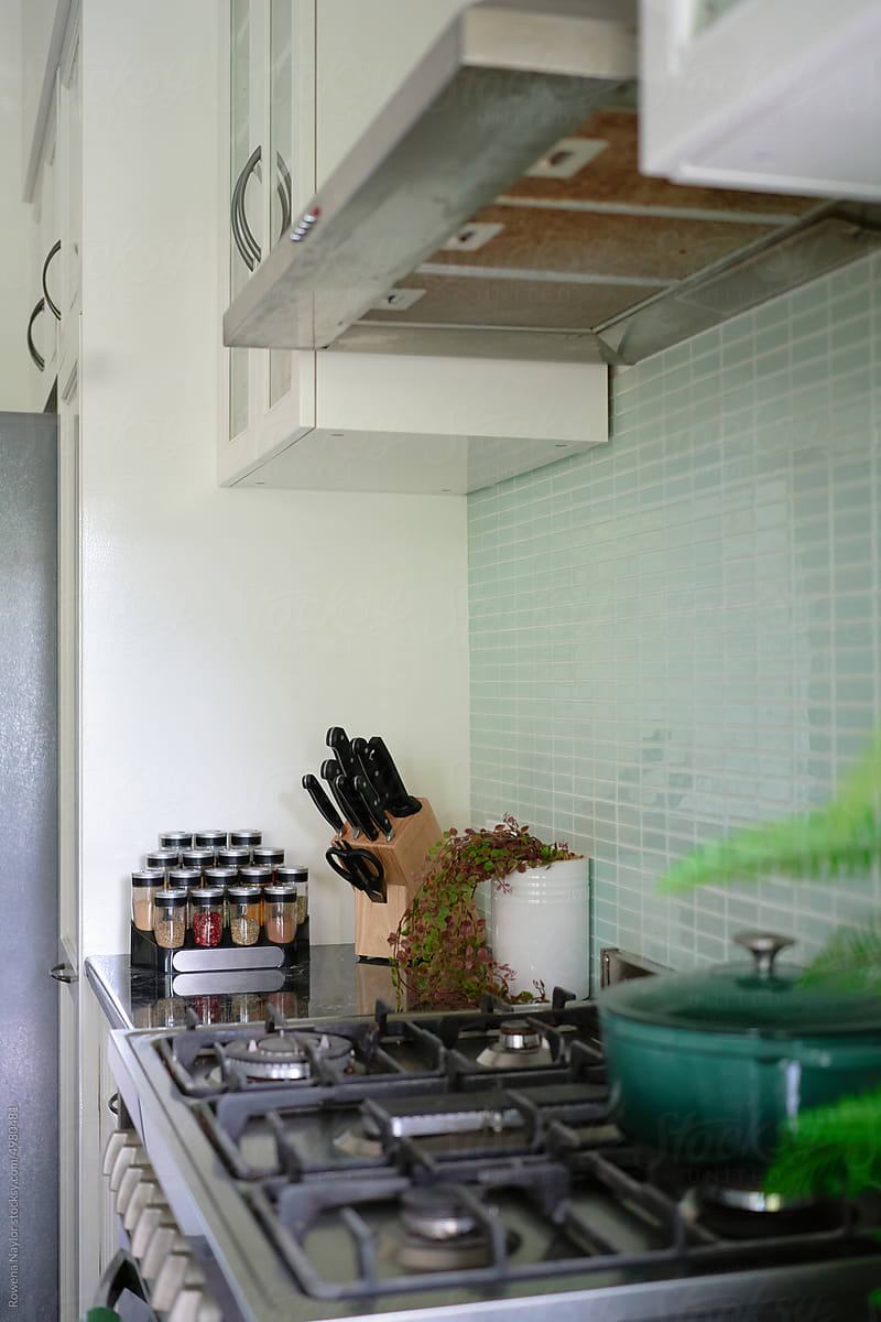 Kitchen cooktop, spice rack and knife block