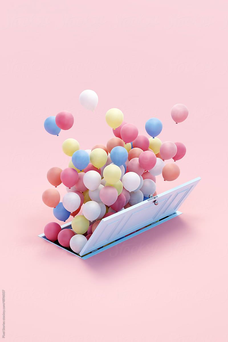 3D render of colorful balloons floating through blue door